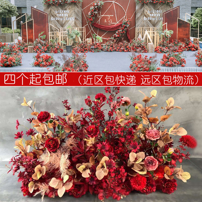 新款婚庆路引花排 大红色系花艺花排 婚礼舞台布置道具 t台地排花