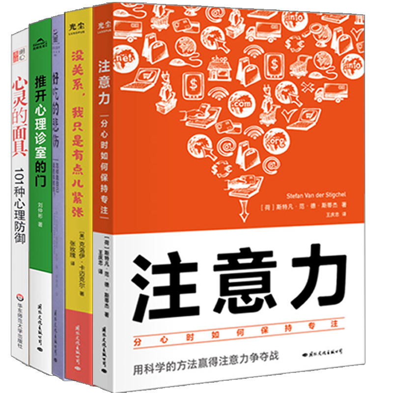 注意力：分心时如何保持专注+没关系，我只是有点儿紧张+好吃的悲伤+推开心灵的面具+心理诊室的门共5册 用方法赢得注意力争夺战