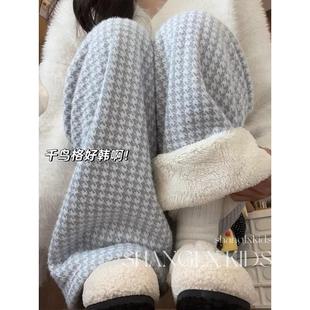 女童裤子2025新款今年流行爆款冬天加绒千鸟格儿童冬季大童羊驼绒
