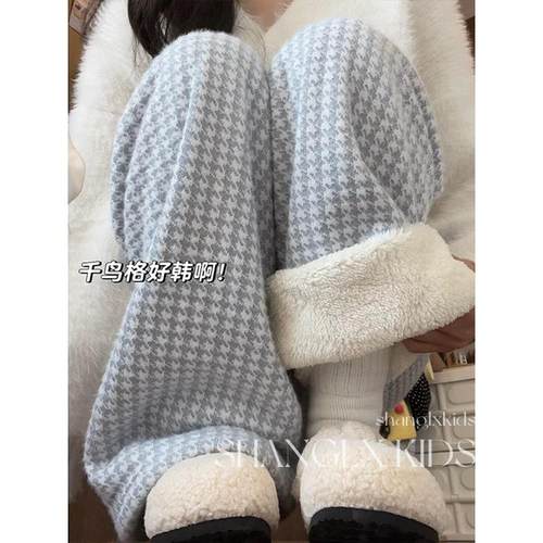 女童裤子2025新款今年流行爆款冬天加绒千鸟格儿童冬季大童羊驼绒