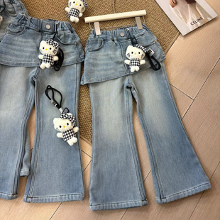 女童一体绒喇叭裤子25新款冬季儿童洋气时髦牛仔裤中童加绒屁帘