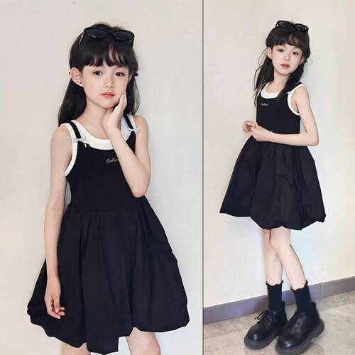 儿童裙子女2025新款夏装女童黑色连衣裙公主女孩洋气花苞吊带裙夏