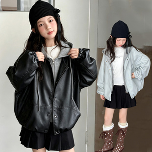 女童假两件连帽皮衣春秋2026新款儿童洋气百搭宽松中大童夹克外套