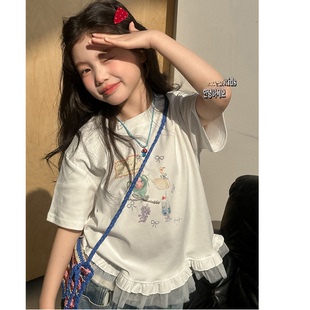 甜美女孩短袖T恤2026新款洋气女童春夏装儿童文艺范蕾丝拼接上衣