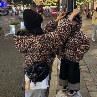 儿童两面穿豹纹棉服冬2025男女童亲子保暖连帽厚棉衣外套加厚棉袄