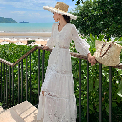 刘亦菲同款夏季白色长裙刺绣连衣裙仙女沙滩裙云南旅游度假裙棉麻