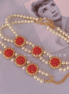 中古vintage复古哑光镀金莲花珍珠项链choker欧美小众奶油贝手链