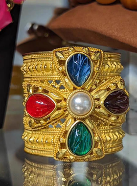 中古vintage拜雅曼纽约秀场款拜占庭复古珍珠琉璃宽版手镯女胸针