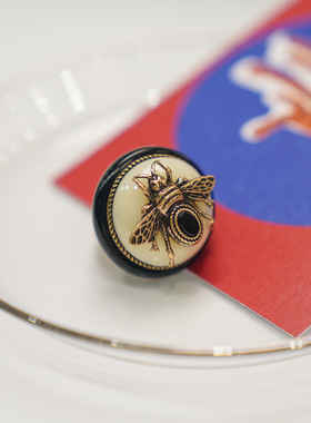 中古vintage西洋复古蜜蜂夸张黑玛瑙食指戒指小众设计高级感指环