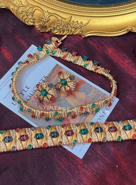 中古vintage复刻古董复古宫廷风彩色蛋面琉璃项链choker耳夹手链