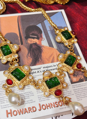 中古vintage复古宫廷风琉璃珍珠吊坠夸张项链欧美小众国潮锁骨链