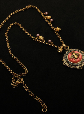 中古vintage复古宫廷风黄铜镀金昆虫蜜蜂吊坠项链长款毛衣链配饰