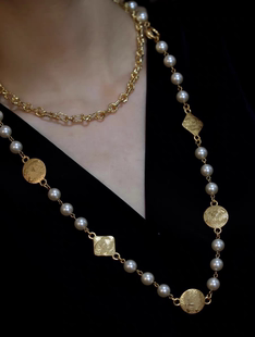 中古vintage复古小香风珍珠金币长款项链毛衣链气质宫廷风配饰女