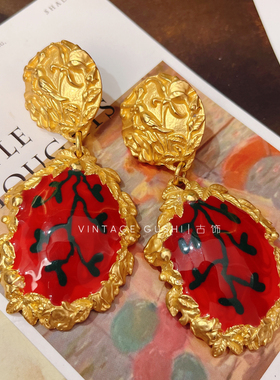 中古vintage复刻西洋复古董重工珐琅夸张耳环欧美小众镀真金耳钉