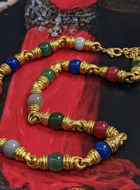 西洋古董vintage复古天然石choker项链 多彩宫廷风拼接琉璃耳环女