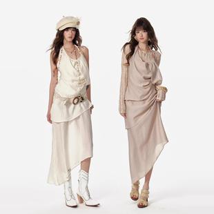 [GINGER]4muggle新款垂坠立裁性感长裙挂脖串珠无袖双色连衣裙女