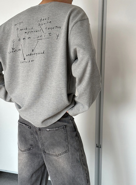 [GINGER MI]Babesochill原创花灰色亨利领华夫格印花休闲长袖t恤