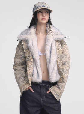 [GINGER]Muirgen 新款可拆卸冰蓝色毛领豹纹夹克棉服短外套两穿