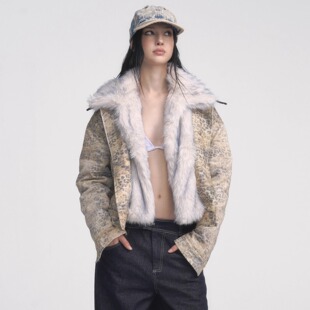 [GINGER]Muirgen 新款可拆卸冰蓝色毛领豹纹夹克棉服短外套两穿