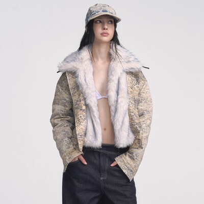 Muirgen可拆卸毛领豹纹夹克棉服