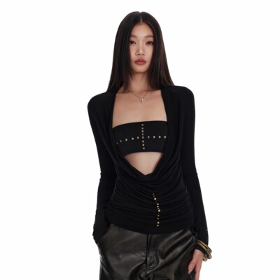 4muggle铆钉抹胸针织罩衫两件套