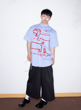 [GINGER]FEAR4FREE Outline条纹鱼骨衬衫腊肠狗印花休闲短袖男女