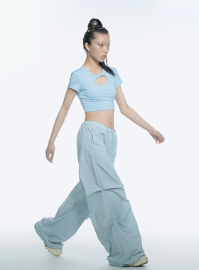 [GINGER MI]MIRROR ERROR冰蓝色低腰街头降落伞裤抽绳褶皱阔腿裤
