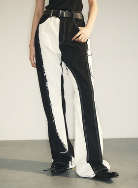 [GINGER MI]FAITING不规则拼接毛边直筒高腰中性高级水洗牛仔裤