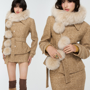短裙半裙三件套 4muggle卡其色小香风毛呢外套亮晶晶法式 GINGER