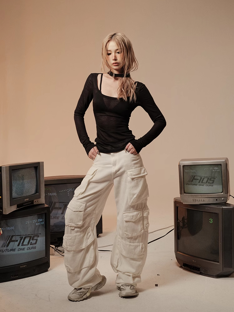 F1os软牛仔白色休闲裤工装裤