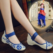 女童汉服鞋 子 古典民族中国风表演鞋 子儿童绣花鞋 青花瓷老北京布鞋