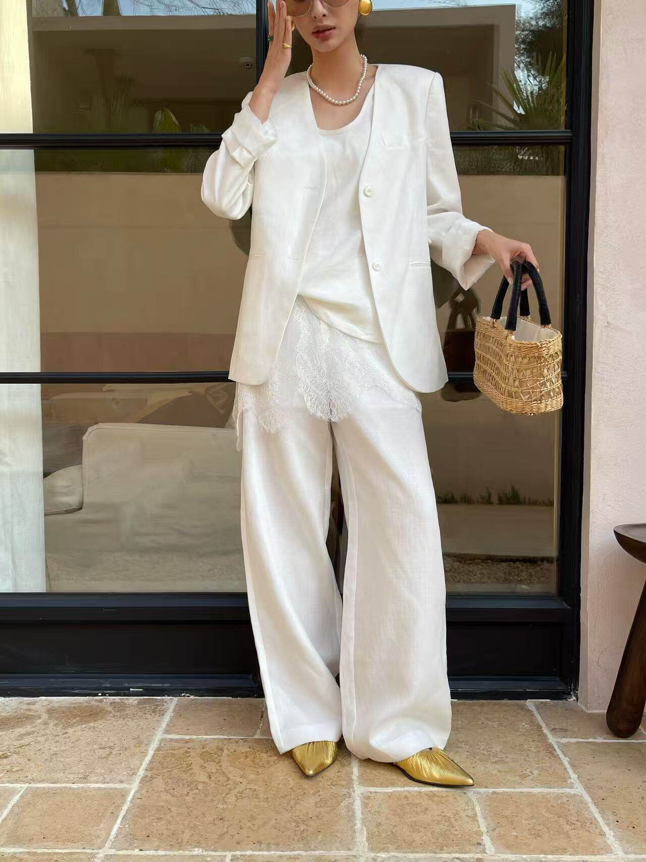 欧洲站2026春V+.com显瘦垫肩西装蕾丝背心阔腿裤气质三件套装女潮