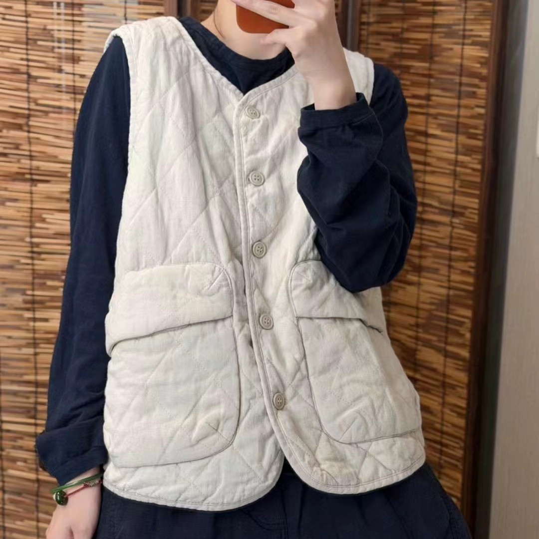 2025复古砂洗100%亚麻夹棉马甲女