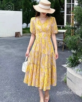 艾丽雅2023夏季女装新款茶歇法式翠花雪纺V领泡泡袖淑女范连衣裙