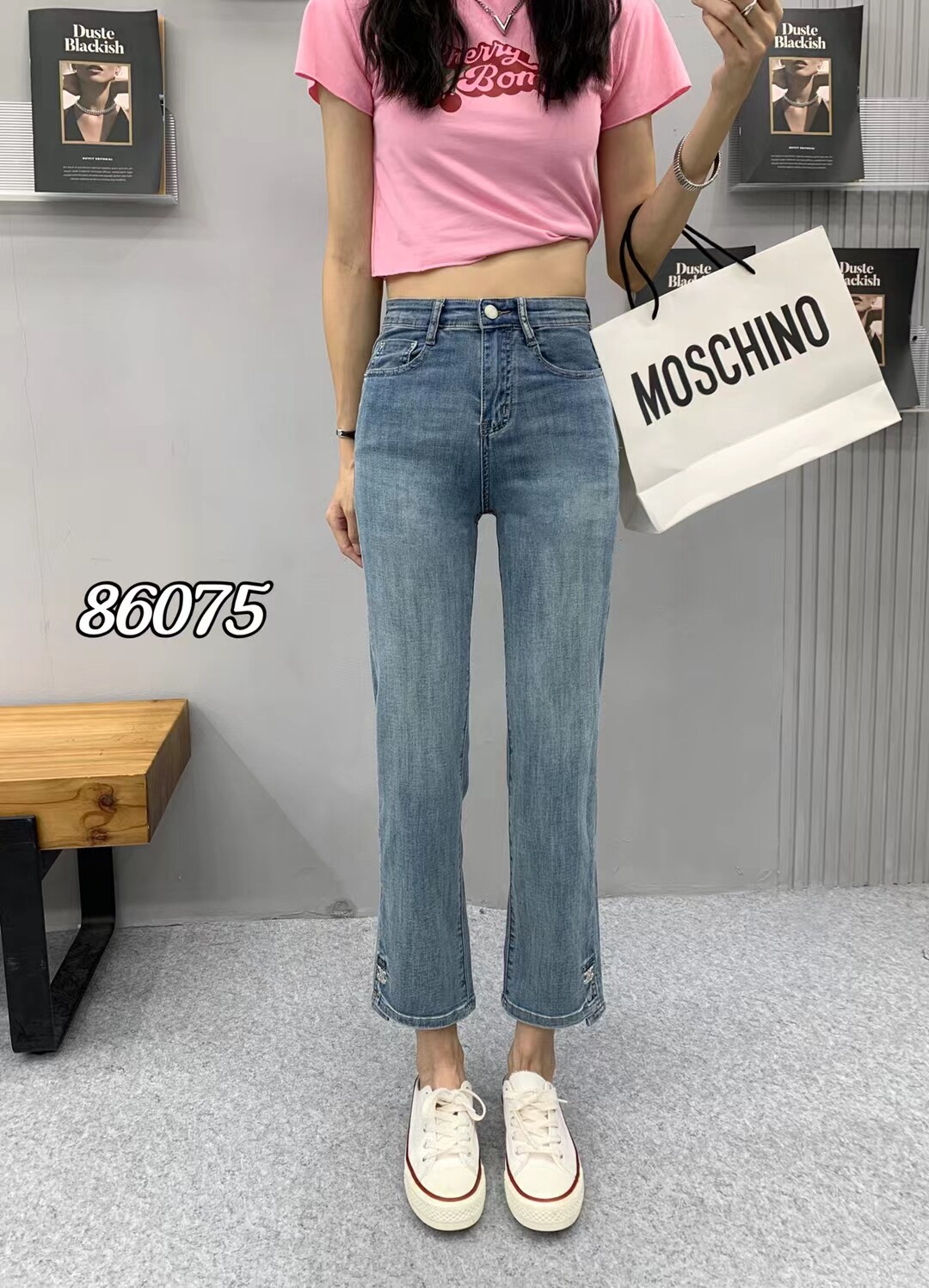 艾丽雅2023春夏新款牛仔裤女薄款超柔弹力高腰修身侧开叉烟管裤