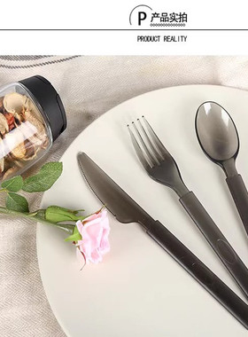 一次性灰色高档刀叉勺水果沙拉叉西餐意面刀叉长柄加厚独立装汤勺