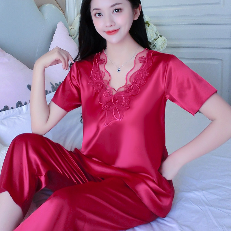 夏季睡衣女士短袖可外穿性感冰丝绸套装薄款新款时尚九分裤家居服
