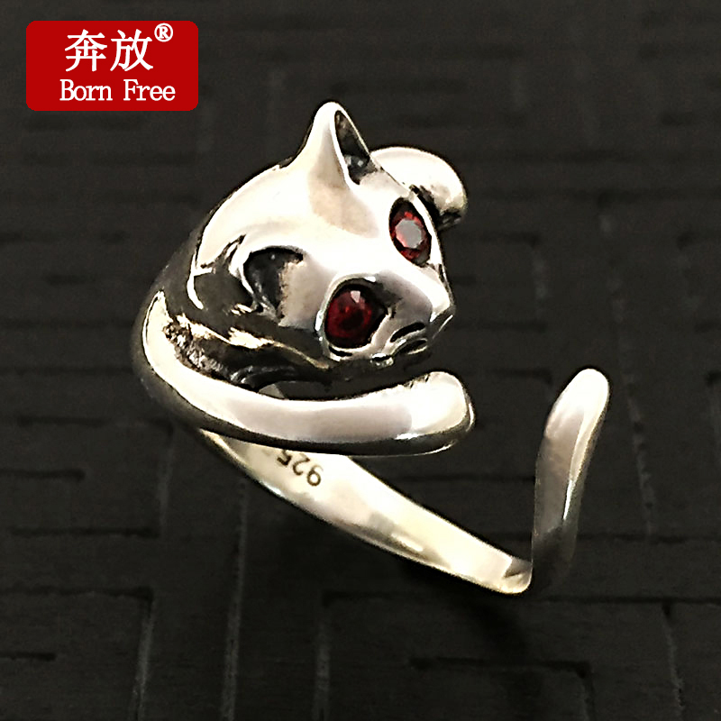 Born Free/奔放S925纯银饰品手工复古泰银尾戒女可爱红眼小猫戒指