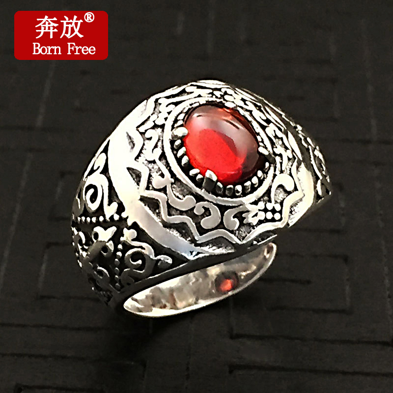 Born Free/奔放S990纯银饰品泰银个性指环男红刚玉十字花开口戒指
