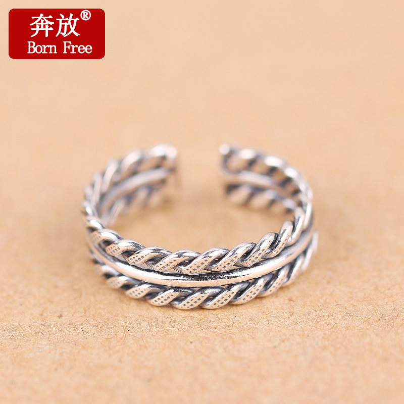 Born Free/奔放S925纯银韩版女泰银复古编织扭纹麻花绳开口戒指环