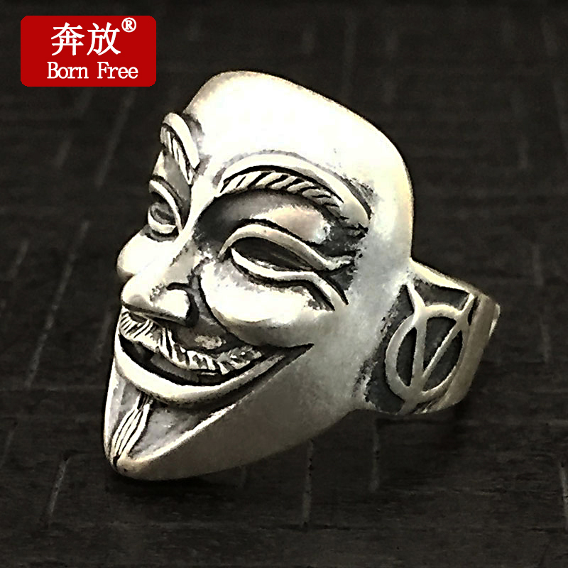 Born Free/奔放足银饰品V字仇杀队面具戒指男女复古个性泰银指环