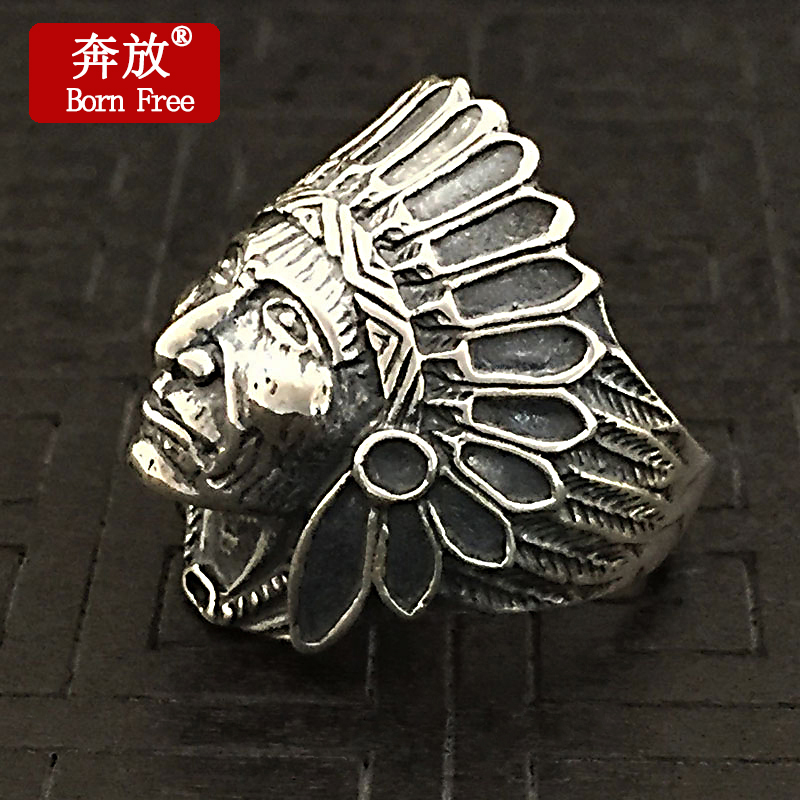 Born Free/奔放S925纯银饰品手工泰银个性指环男印第安人酋长戒指