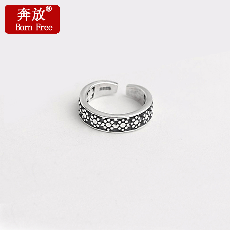 Born Free/奔放S925纯银泰银复古时尚梅花镂空开口戒指韩版女指环