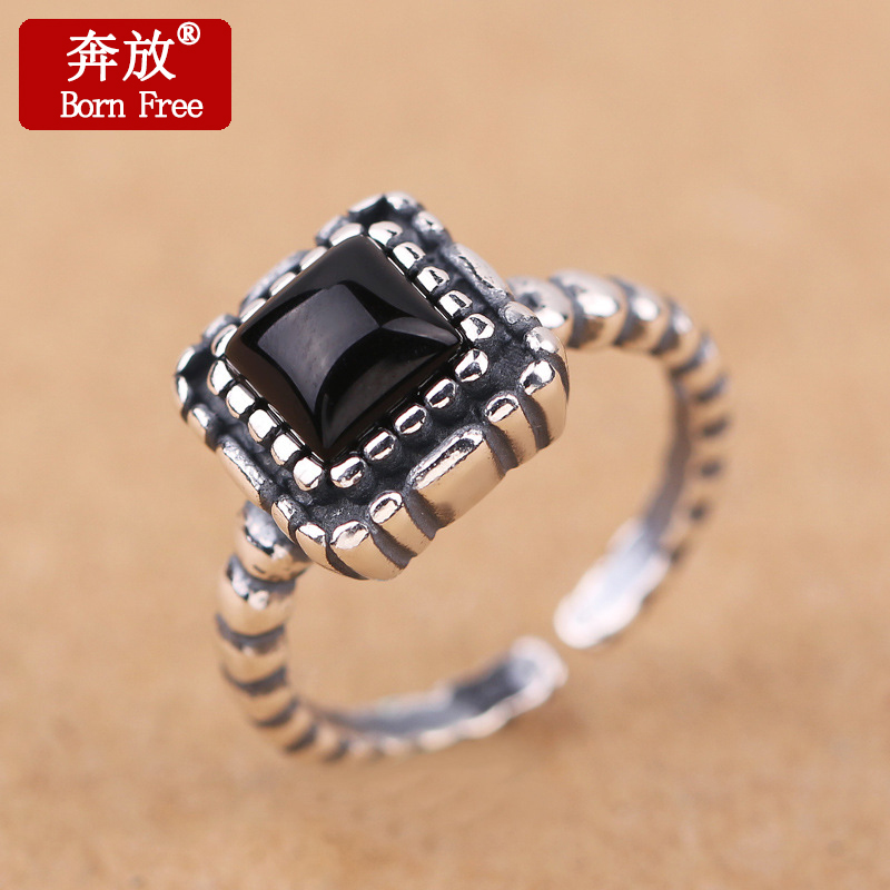 Born Free/奔放S925纯银韩版泰银复古黑曜石方钻女款开口戒指指环