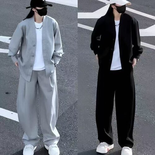 春秋季休闲运动套装男老钱风时尚潮流宽松大码帅气外套长裤三件套