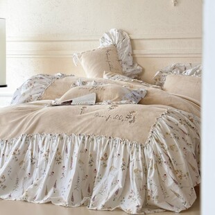 A类牛奶绒四件套法式花边刺绣款被套加厚保暖软糯床单床笠款