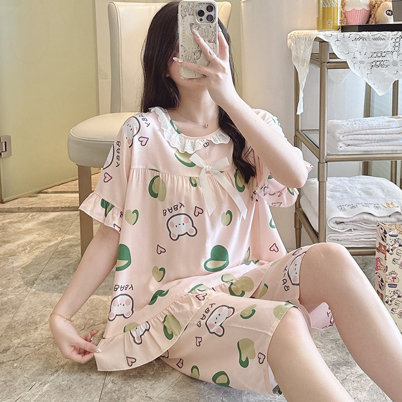 少女夏季花边棉绸睡衣短袖短裤高睡衣/家居服套装