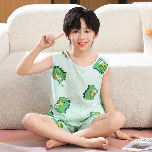 儿童睡衣恐龙男童夏季薄款棉绸背心短裤套装女孩卡通中大童家居服