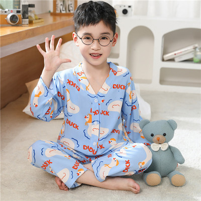青少年家居服绵绸夏薄款中大男童女童睡衣棉绸V领长袖开衫空调服