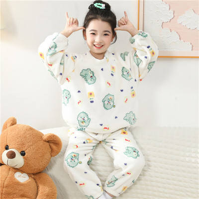 男童女孩睡衣珊瑚绒圆领套头保暖内衣打底衫秋衣秋裤家居服套装冬